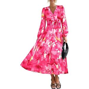 imagePRETTYGARDEN Womens Floral Midi Dress Casual Fall V Neck Long Sleeve Flowy Spring Beach Wedding Guest Vacation DressesRose Pink Watercolour