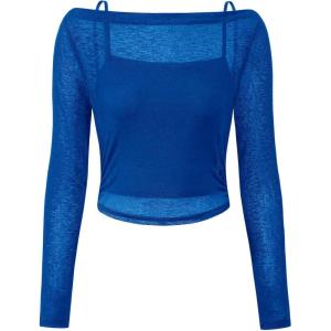 imagePRETTYGARDEN Womens Long Sleeve Sheer Crop Tops Boat Neck See Through Cover Up with Spaghetti Strap Camisole 2 Piece BlousesBlue