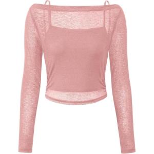 imagePRETTYGARDEN Womens Long Sleeve Sheer Crop Tops Boat Neck See Through Cover Up with Spaghetti Strap Camisole 2 Piece BlousesDusty Pink