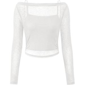 imagePRETTYGARDEN Womens Long Sleeve Sheer Crop Tops Boat Neck See Through Cover Up with Spaghetti Strap Camisole 2 Piece BlousesWhite