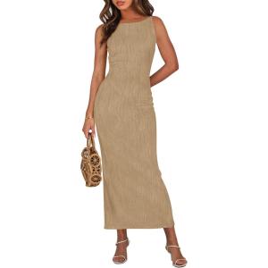 imagePRETTYGARDEN Womens Maxi Dress 2025 Summer Spaghetti Wedding Guest Long Resort Wear Casual Bodycon Sun DressesKhaki