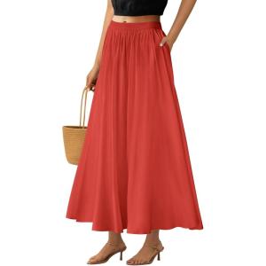 imagePRETTYGARDEN Womens Maxi Skirts 2025 Summer Trendy Ruffle High Waisted Casual Long Flowy Skirt with PocketsBrick Red