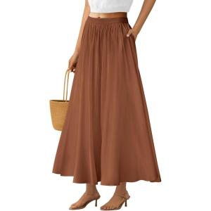imagePRETTYGARDEN Womens Maxi Skirts 2025 Summer Trendy Ruffle High Waisted Casual Long Flowy Skirt with PocketsBrown