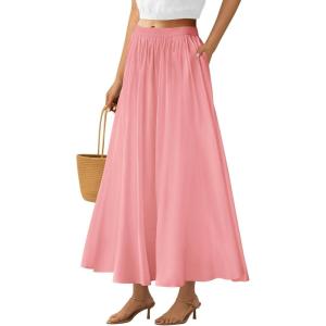 imagePRETTYGARDEN Womens Maxi Skirts 2025 Summer Trendy Ruffle High Waisted Casual Long Flowy Skirt with PocketsPink