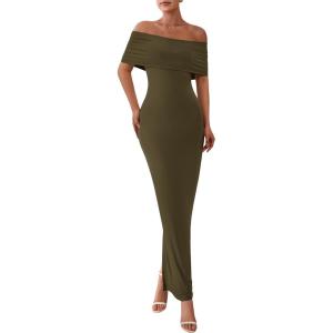 imagePRETTYGARDEN Womens Off The Shoulder Maxi Dresses 2025 Summer Formal Elegant Cocktail Party Wedding Guest Long DressArmy Green