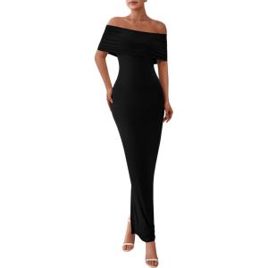 imagePRETTYGARDEN Womens Off The Shoulder Maxi Dresses 2025 Summer Formal Elegant Cocktail Party Wedding Guest Long DressBlack