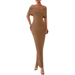 imagePRETTYGARDEN Womens Off The Shoulder Maxi Dresses 2025 Summer Formal Elegant Cocktail Party Wedding Guest Long DressDark Khaki