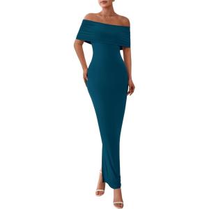 imagePRETTYGARDEN Womens Off The Shoulder Maxi Dresses 2025 Summer Formal Elegant Cocktail Party Wedding Guest Long DressPeacock Blue