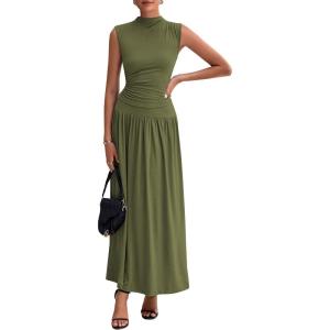 imagePRETTYGARDEN Womens Skirt Sets 2025 Summer Ruched Tank Tops Ruffle Maxi Skirts Wedding Guest Matching 2 Piece OutfitsArmy Green