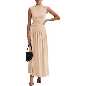 imagePRETTYGARDEN Womens Skirt Sets 2025 Summer Ruched Tank Tops Ruffle Maxi Skirts Wedding Guest Matching 2 Piece OutfitsBeige
