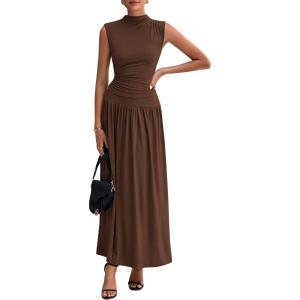 imagePRETTYGARDEN Womens Skirt Sets 2025 Summer Ruched Tank Tops Ruffle Maxi Skirts Wedding Guest Matching 2 Piece OutfitsCoffee