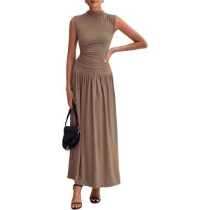 imagePRETTYGARDEN Womens Skirt Sets 2025 Summer Ruched Tank Tops Ruffle Maxi Skirts Wedding Guest Matching 2 Piece OutfitsKhaki