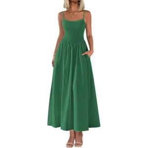 imagePRETTYGARDEN Womens Smocked Maxi Dresses 2025 Summer Beach Sundress Casual Spaghetti Strap Swing A Line Long Flowy DressDark Green