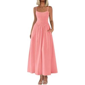 imagePRETTYGARDEN Womens Smocked Maxi Dresses 2025 Summer Beach Sundress Casual Spaghetti Strap Swing A Line Long Flowy DressPink