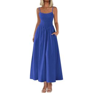 imagePRETTYGARDEN Womens Smocked Maxi Dresses 2025 Summer Beach Sundress Casual Spaghetti Strap Swing A Line Long Flowy DressRoyal Blue