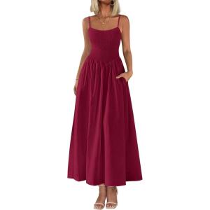 imagePRETTYGARDEN Womens Smocked Maxi Dresses 2025 Summer Beach Sundress Casual Spaghetti Strap Swing A Line Long Flowy DressWine Red