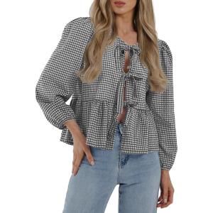 imagePRETTYGARDEN Womens Spring Fall Babydoll Peplum Blouse Shirt Puff Long Sleeve Bow Tie Front Trendy Cute Y2K Going Out TopsPlaid Black