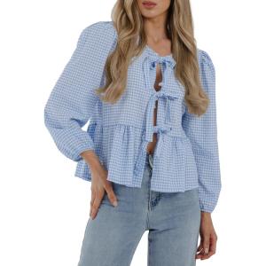 imagePRETTYGARDEN Womens Spring Fall Babydoll Peplum Blouse Shirt Puff Long Sleeve Bow Tie Front Trendy Cute Y2K Going Out TopsPlaid Light Blue