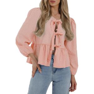 imagePRETTYGARDEN Womens Spring Fall Babydoll Peplum Blouse Shirt Puff Long Sleeve Bow Tie Front Trendy Cute Y2K Going Out TopsPlaid Pink