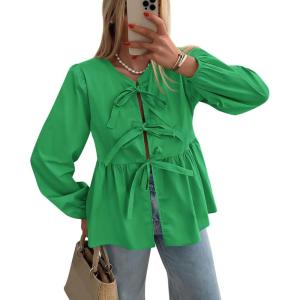imagePRETTYGARDEN Womens Spring Fall Babydoll Peplum Blouse Shirt Puff Long Sleeve Bow Tie Front Trendy Cute Y2K Going Out TopsSolid Green