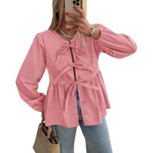 imagePRETTYGARDEN Womens Spring Fall Babydoll Peplum Blouse Shirt Puff Long Sleeve Bow Tie Front Trendy Cute Y2K Going Out TopsSolid Pink