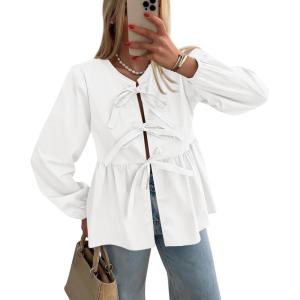 imagePRETTYGARDEN Womens Spring Fall Babydoll Peplum Blouse Shirt Puff Long Sleeve Bow Tie Front Trendy Cute Y2K Going Out TopsWhite