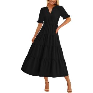 imagePRETTYGARDEN Womens Summer Casual Short Sleeve V Neck Midi Dresses 2025 Spring Aline Tiered Wedding Guest DressBlack