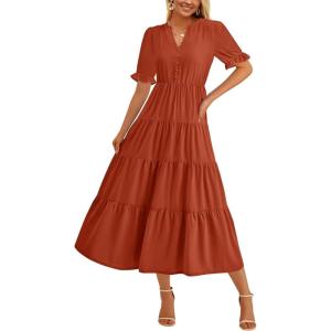imagePRETTYGARDEN Womens Summer Casual Short Sleeve V Neck Midi Dresses 2025 Spring Aline Tiered Wedding Guest DressBrick Red