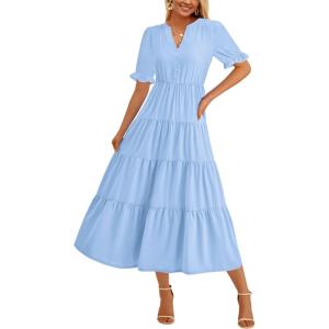imagePRETTYGARDEN Womens Summer Casual Short Sleeve V Neck Midi Dresses 2025 Spring Aline Tiered Wedding Guest DressLight Blue