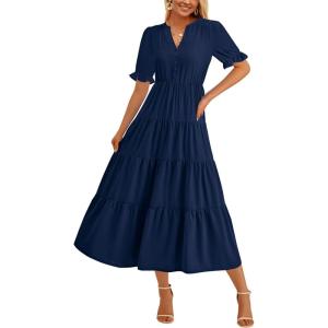 imagePRETTYGARDEN Womens Summer Casual Short Sleeve V Neck Midi Dresses 2025 Spring Aline Tiered Wedding Guest DressNavy