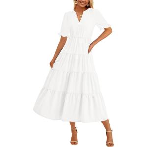 imagePRETTYGARDEN Womens Summer Casual Short Sleeve V Neck Midi Dresses 2025 Spring Aline Tiered Wedding Guest DressWhite