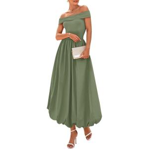imagePRETTYGARDEN Womens Summer Off Shoulder Sleeveless Midi Dress Cocktail A Line Flowy Wedding Guest Dresses with PocketsArmy Green