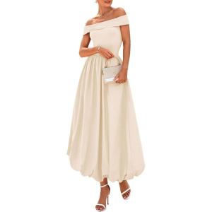 imagePRETTYGARDEN Womens Summer Off Shoulder Sleeveless Midi Dress Cocktail A Line Flowy Wedding Guest Dresses with PocketsBeige