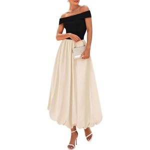 imagePRETTYGARDEN Womens Summer Off Shoulder Sleeveless Midi Dress Cocktail A Line Flowy Wedding Guest Dresses with PocketsBlack Apricot