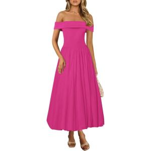 imagePRETTYGARDEN Womens Summer Off Shoulder Sleeveless Midi Dress Cocktail A Line Flowy Wedding Guest Dresses with PocketsRose Red