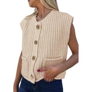 imagePRETTYGARDEN Womens Summer Sweaters Vest 2025 Sleeveless Button Down Cropped Pockets Chunky Knit Cardigan Trendy Tank TopsBeige