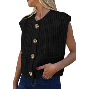 imagePRETTYGARDEN Womens Summer Sweaters Vest 2025 Sleeveless Button Down Cropped Pockets Chunky Knit Cardigan Trendy Tank TopsBlack