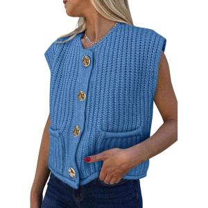 imagePRETTYGARDEN Womens Summer Sweaters Vest 2025 Sleeveless Button Down Cropped Pockets Chunky Knit Cardigan Trendy Tank TopsBlue