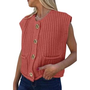 imagePRETTYGARDEN Womens Summer Sweaters Vest 2025 Sleeveless Button Down Cropped Pockets Chunky Knit Cardigan Trendy Tank TopsBrick Red