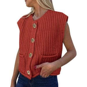imagePRETTYGARDEN Womens Summer Sweaters Vest 2025 Sleeveless Button Down Cropped Pockets Chunky Knit Cardigan Trendy Tank TopsCaramel