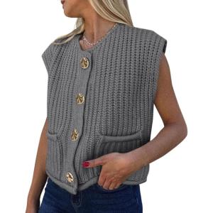 imagePRETTYGARDEN Womens Summer Sweaters Vest 2025 Sleeveless Button Down Cropped Pockets Chunky Knit Cardigan Trendy Tank TopsGrey