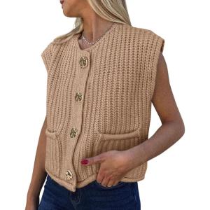 imagePRETTYGARDEN Womens Summer Sweaters Vest 2025 Sleeveless Button Down Cropped Pockets Chunky Knit Cardigan Trendy Tank TopsKhaki