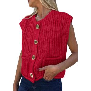imagePRETTYGARDEN Womens Summer Sweaters Vest 2025 Sleeveless Button Down Cropped Pockets Chunky Knit Cardigan Trendy Tank TopsRed