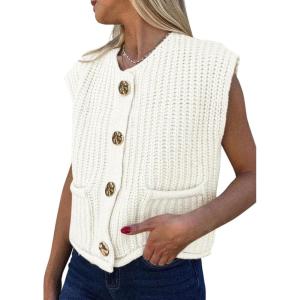 imagePRETTYGARDEN Womens Summer Sweaters Vest 2025 Sleeveless Button Down Cropped Pockets Chunky Knit Cardigan Trendy Tank TopsWhite
