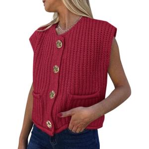 imagePRETTYGARDEN Womens Summer Sweaters Vest 2025 Sleeveless Button Down Cropped Pockets Chunky Knit Cardigan Trendy Tank TopsWine Red