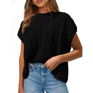 imagePRETTYGARDEN Womens Sweater Vest 2025 Summer Short Sleeve Tops Casual Crewneck Knit Oversized Pullover Trendy Spring OutfitsBlack