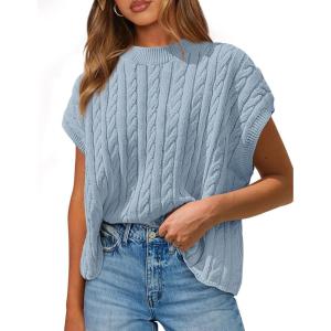 imagePRETTYGARDEN Womens Sweater Vest 2025 Summer Short Sleeve Tops Casual Crewneck Knit Oversized Pullover Trendy Spring OutfitsLight Blue