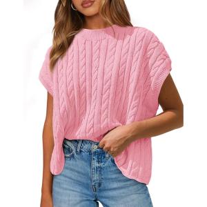 imagePRETTYGARDEN Womens Sweater Vest 2025 Summer Short Sleeve Tops Casual Crewneck Knit Oversized Pullover Trendy Spring OutfitsPink