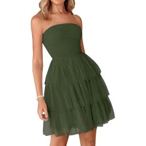 imagePRETTYGARDEN Womens Tulle Dress Strapless Tube Top Short Dress Summer Ruffle Tiered Party Wedding Guest DressesArmy Green