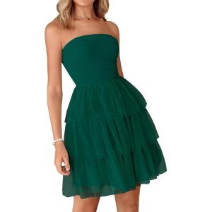 imagePRETTYGARDEN Womens Tulle Dress Strapless Tube Top Short Dress Summer Ruffle Tiered Party Wedding Guest DressesDark Green